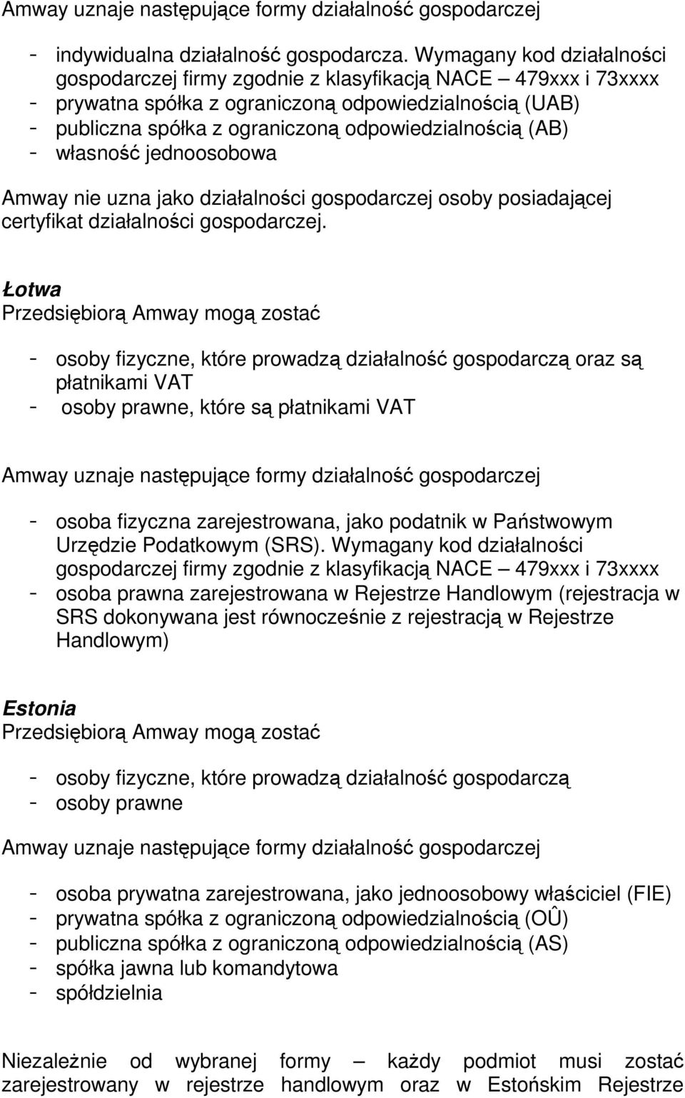 (AB) - własność jednoosobowa Amway nie uzna jako działalności gospodarczej osoby posiadającej certyfikat działalności gospodarczej.