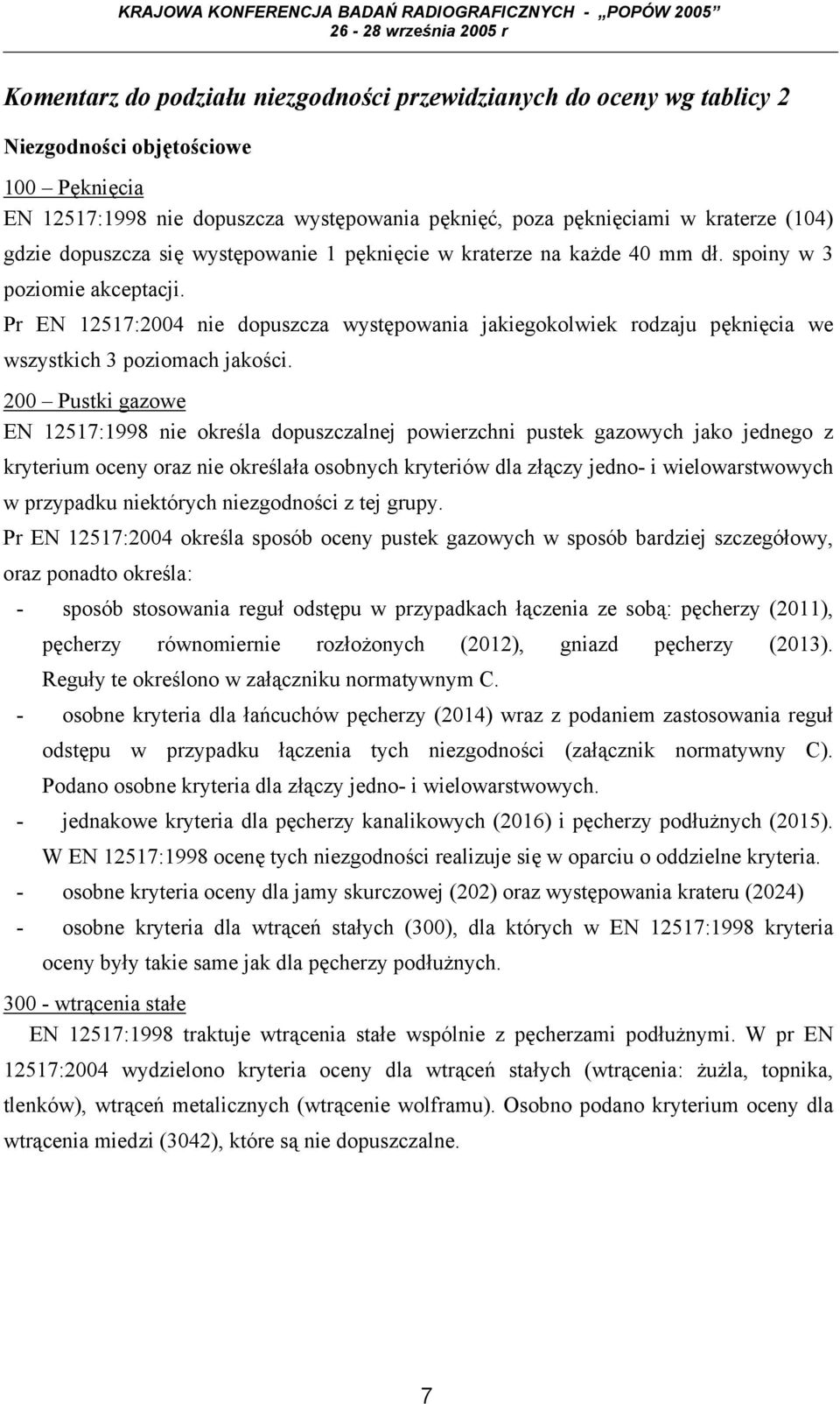 Pr EN 12517:2004 nie dopuszcza występowania jakiegokolwiek rodzaju pęknięcia we wszystkich 3 poziomach jakości.