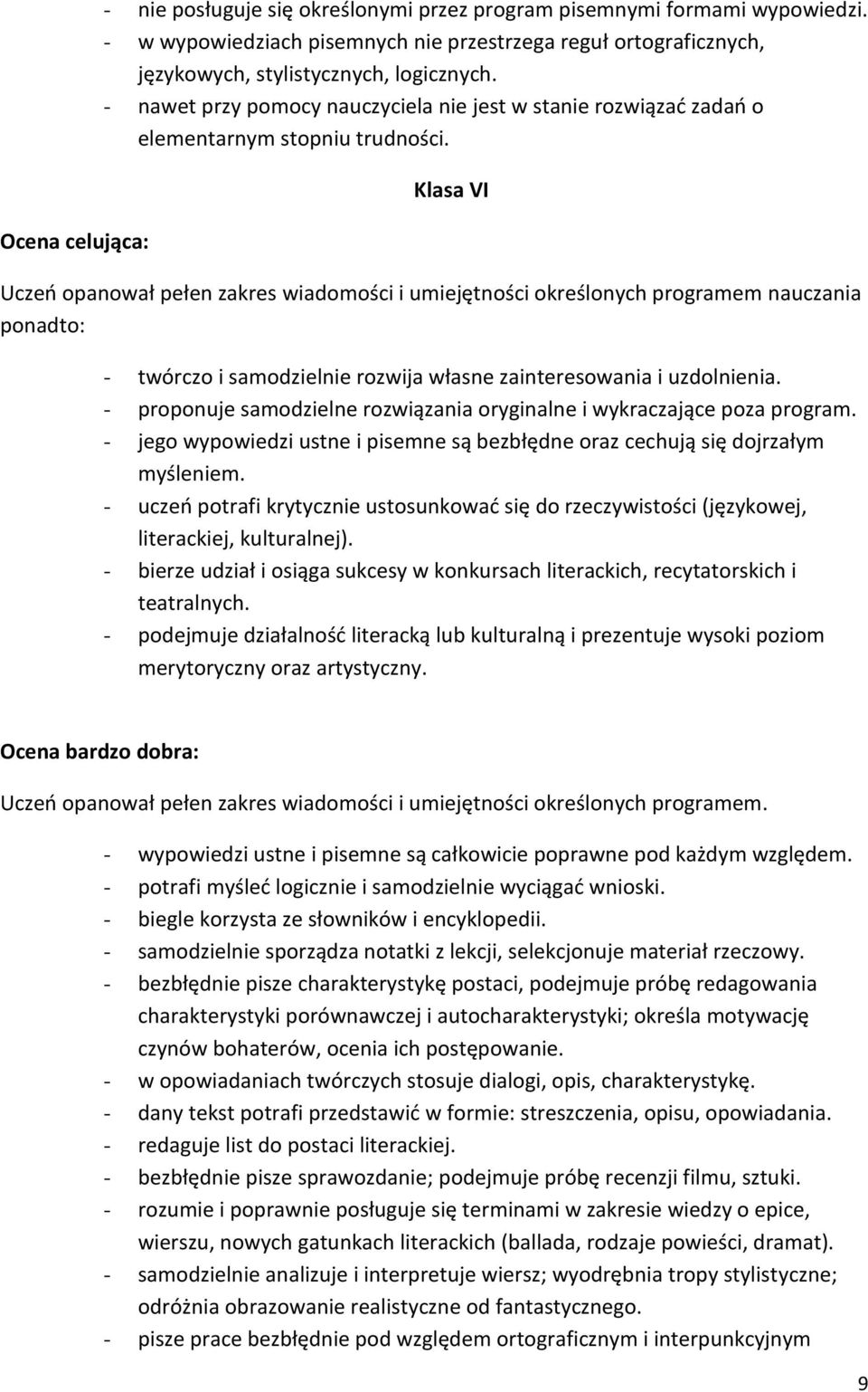 Klasa VI Uczeń opanował pełen zakres wiadomości i umiejętności określonych programem nauczania ponadto: - twórczo i samodzielnie rozwija własne zainteresowania i uzdolnienia.