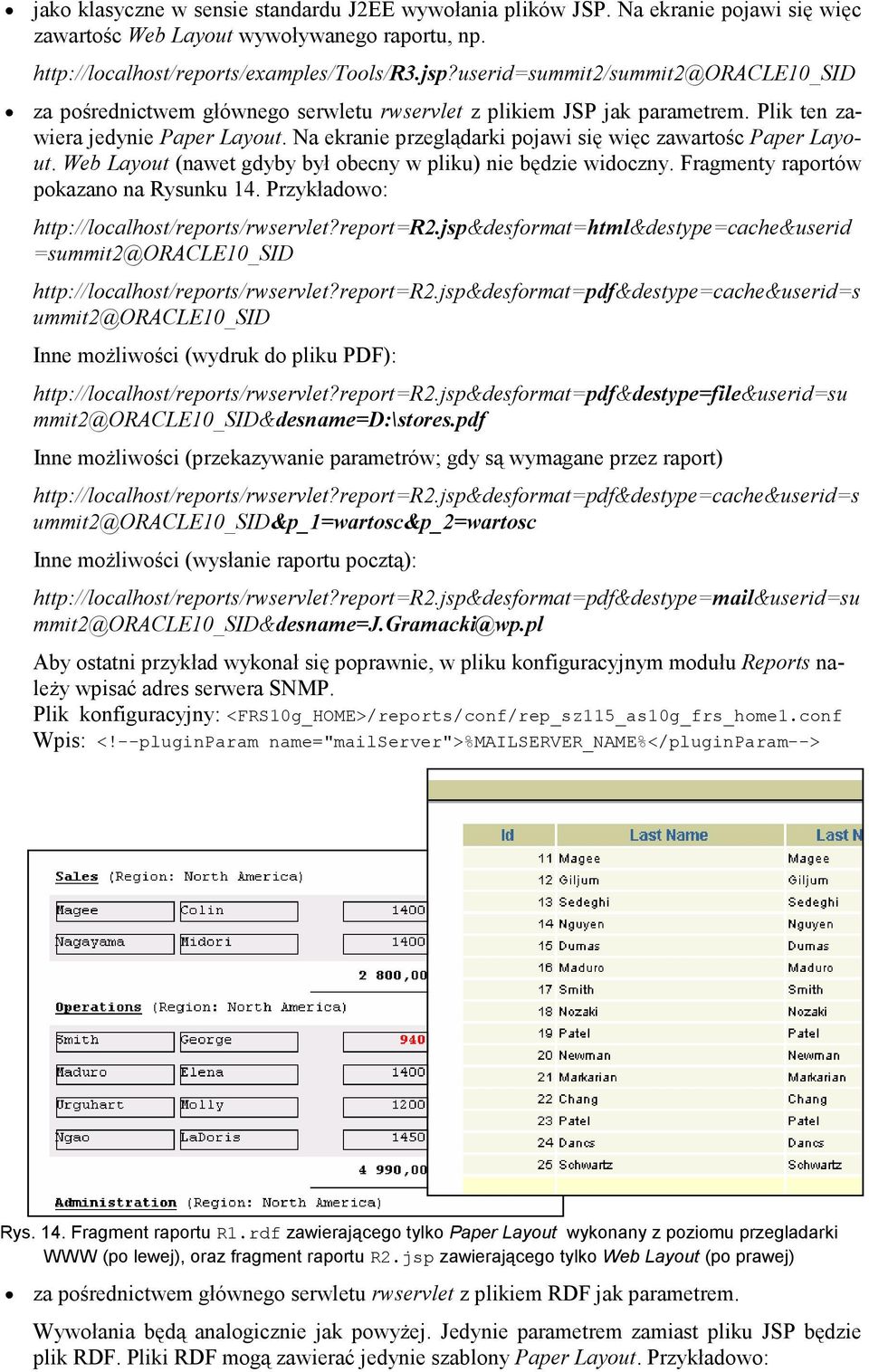 Na ekranie przeglądarki pojawi się więc zawartośc Paper Layout. Web Layout (nawet gdyby był obecny w pliku) nie będzie widoczny. Fragmenty raportów pokazano na Rysunku 14.