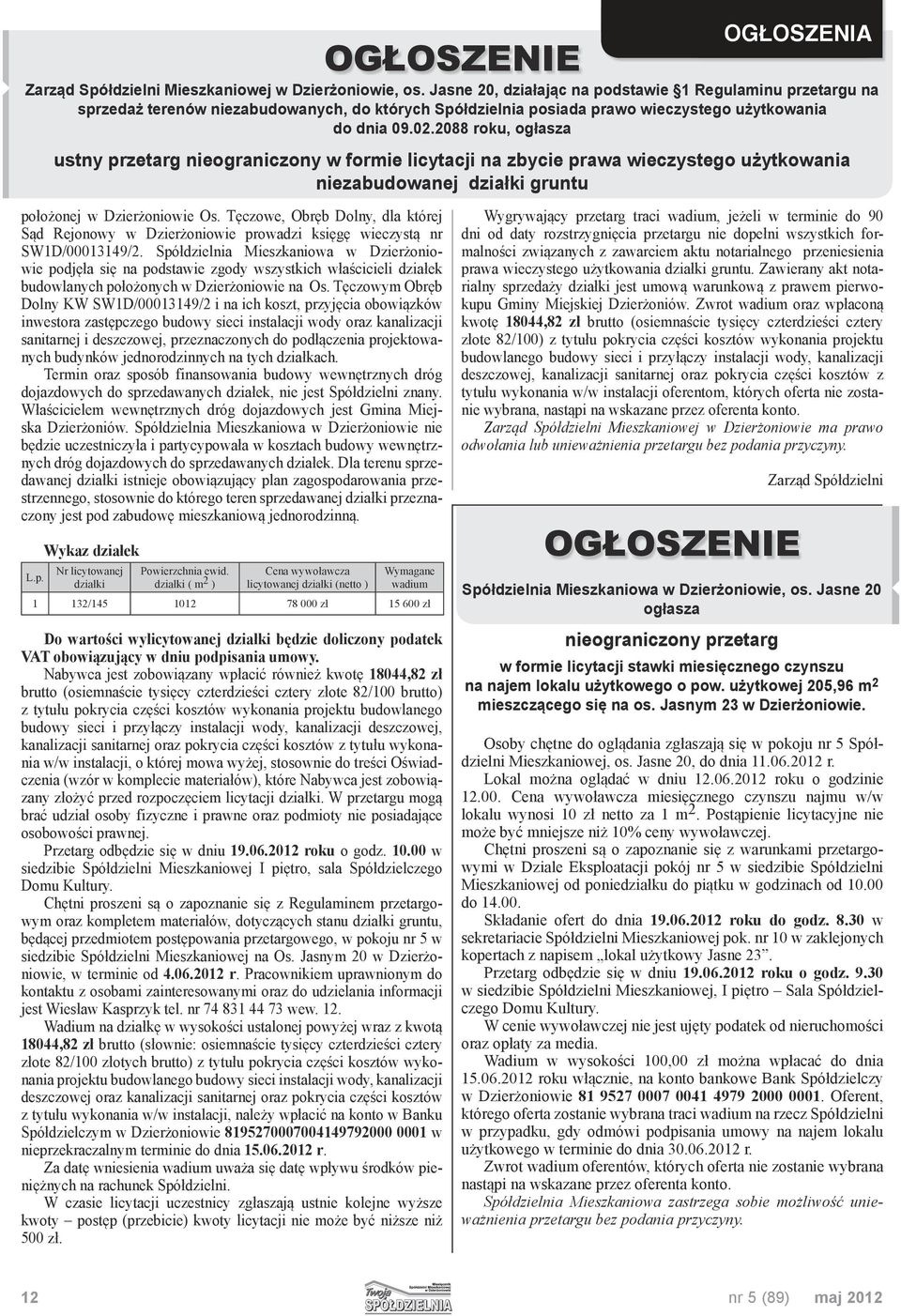 2088 roku, ogłasza ustny przetarg nieograniczony w formie licytacji na zbycie prawa wieczystego użytkowania niezabudowanej działki gruntu położonej w Dzierżoniowie Os.