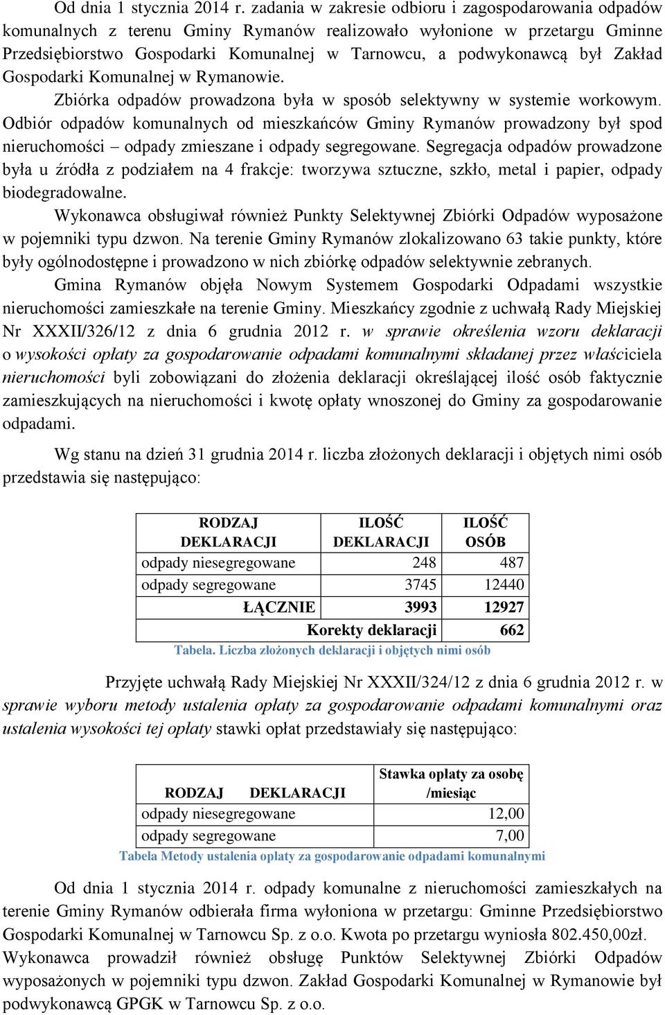 Zakład Gospodarki Komunalnej w Rymanowie. Zbiórka odpadów prowadzona była w sposób selektywny w systemie workowym.