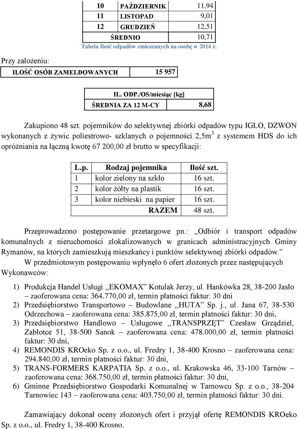 pojemników do selektywnej zbiórki odpadów typu IGLO, DZWON wykonanych z żywic poliestrowo- szklanych o pojemności 2,5m 3 z systemem HDS do ich opróżniania na łączną kwotę 67 200,00 brutto w