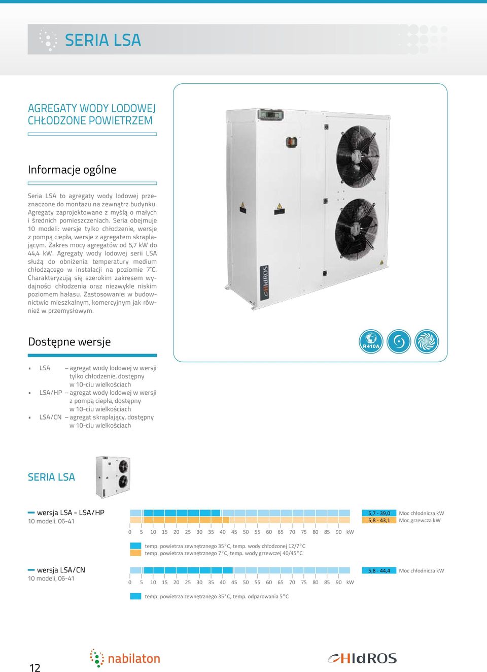 Zakres mocy agregatów od 5,7 kw do 44,4 kw. Agregaty wody lodowej serii LSA służą do obniżenia temperatury medium chłodzącego w instalacji na poziomie 7 C.