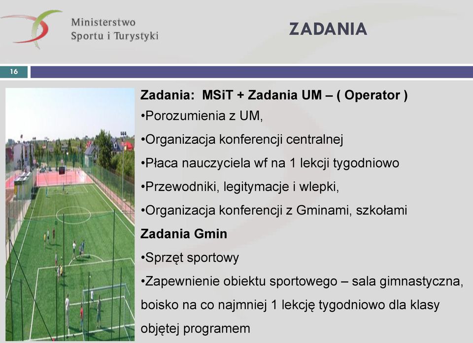 Organizacja konferencji z Gminami, szkołami Zadania Gmin Sprzęt sportowy Zapewnienie obiektu