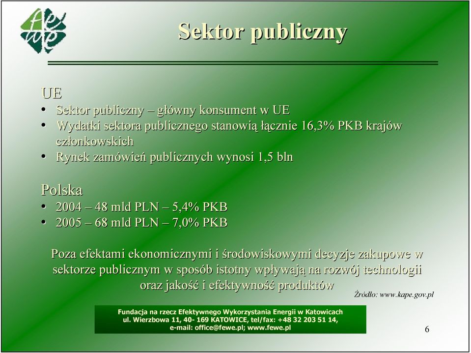 2005 68 mld PLN 7,0% PKB Poza efektami ekonomicznymi i środowiskowymi decyzje zakupowe w sektorze