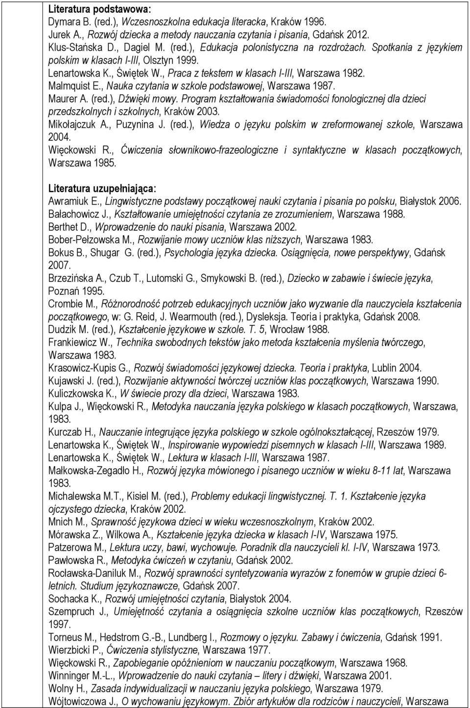 , Nauka czytania w szkole podstawowej, Warszawa 1987. Maurer A. (red.), Dźwięki mowy. Program kształtowania świadomości fonologicznej dla dzieci przedszkolnych i szkolnych, Kraków 2003. Mikołajczuk A.