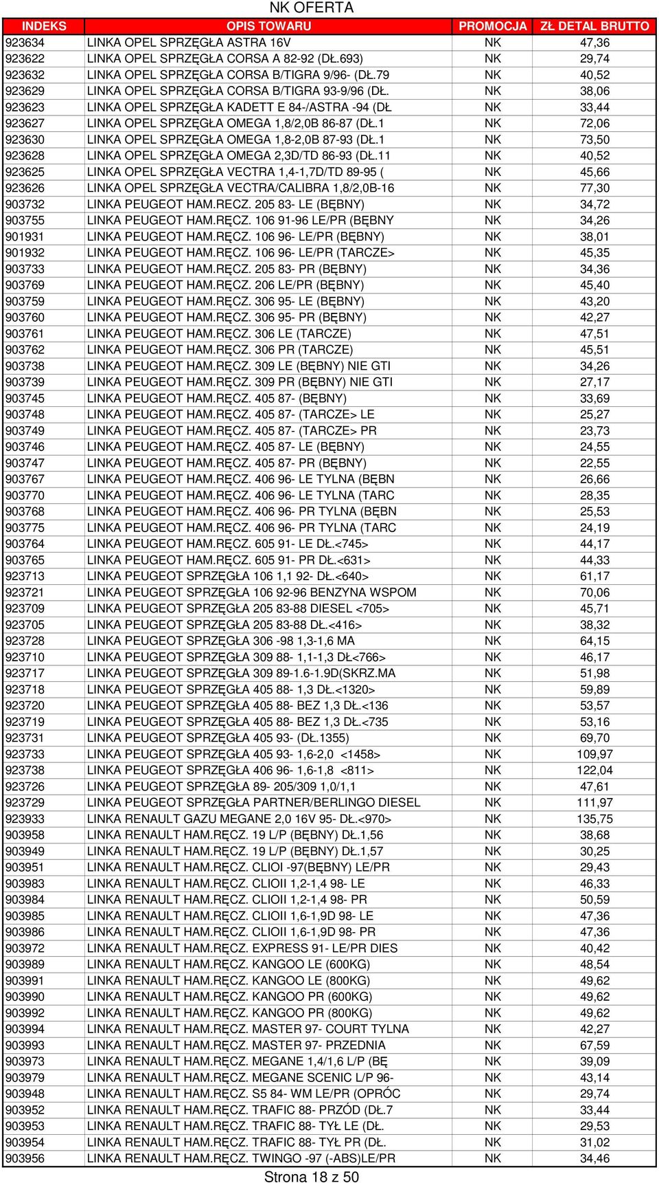 1 NK 72,06 923630 LINKA OPEL SPRZĘGŁA OMEGA 1,8-2,0B 87-93 (DŁ.1 NK 73,50 923628 LINKA OPEL SPRZĘGŁA OMEGA 2,3D/TD 86-93 (DŁ.