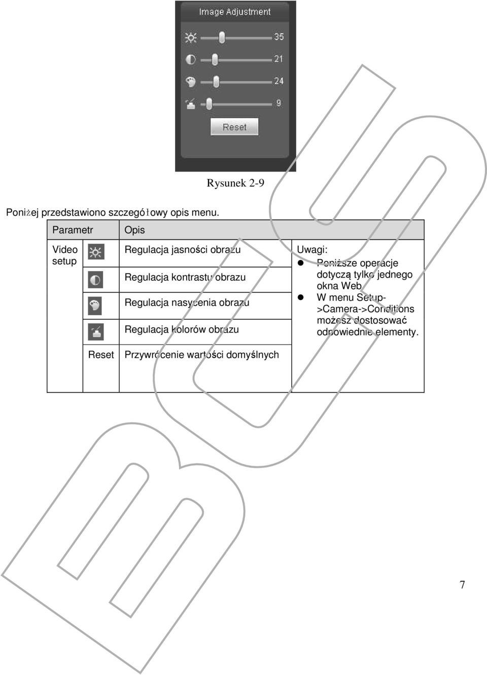 nasycenia obrazu Regulacja kolorów obrazu Reset Przywrócenie wartości domyślnych Uwagi: