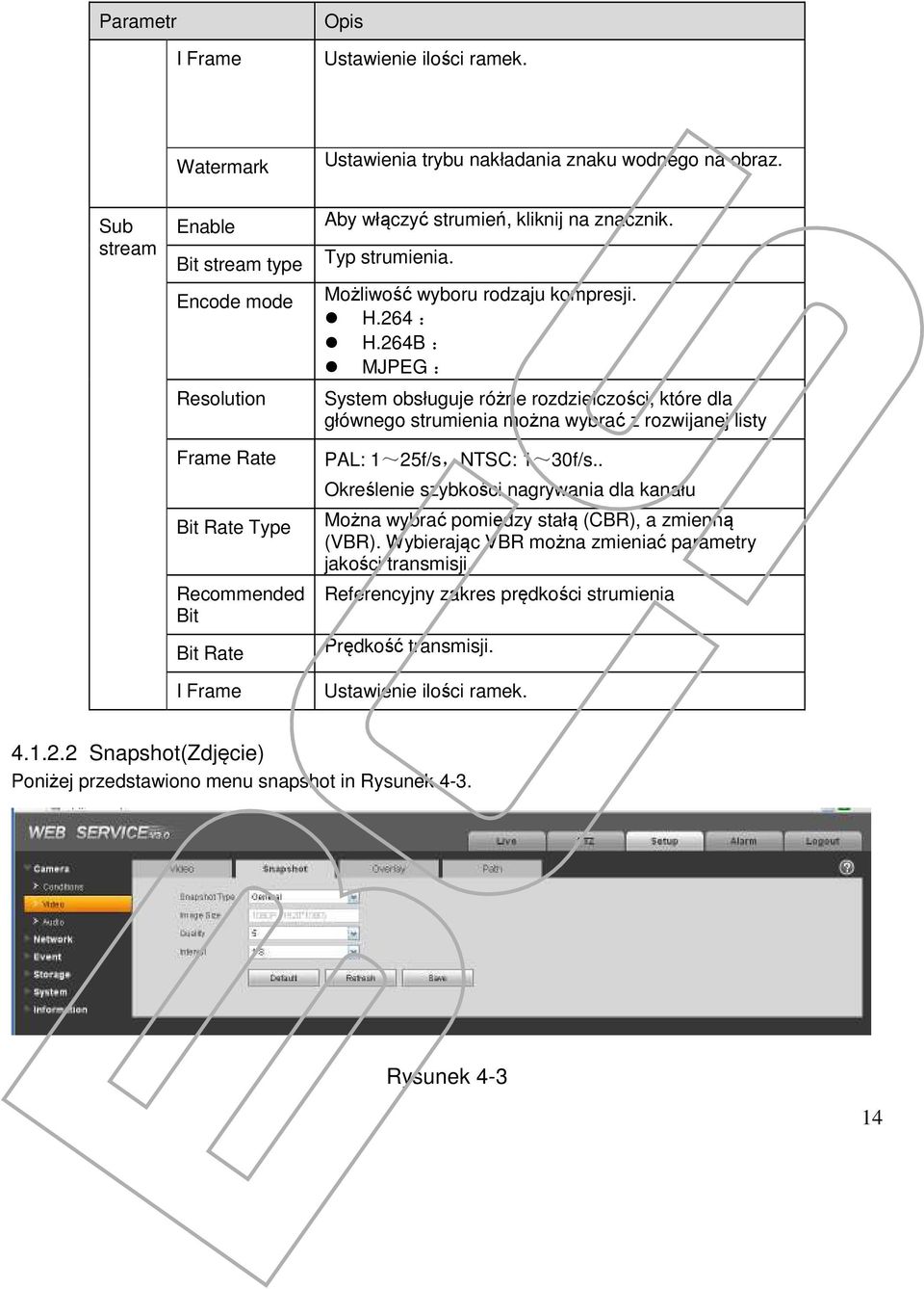 Możliwość wyboru rodzaju kompresji. H.264 : H.264B : MJPEG : System obsługuje różne rozdzielczości, które dla głównego strumienia można wybrać z rozwijanej listy PAL: 1~25f/s,NTSC: 1~30f/s.