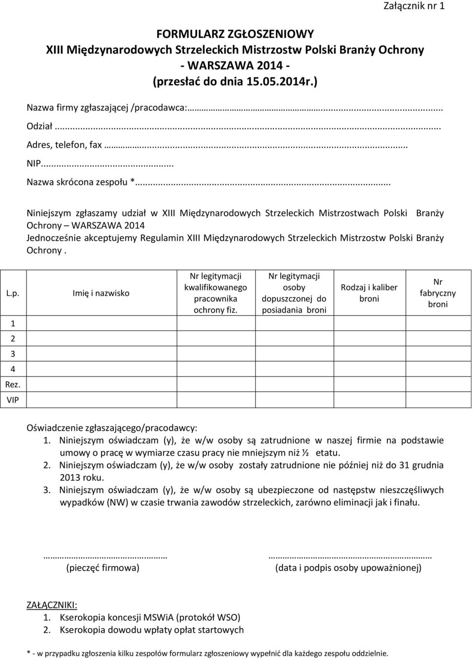 .. Niniejszym zgłaszamy udział w XIII Międzynarodowych Strzeleckich Mistrzostwach Polski Branży Ochrony WARSZAWA 2014 Jednocześnie akceptujemy Regulamin XIII Międzynarodowych Strzeleckich Mistrzostw