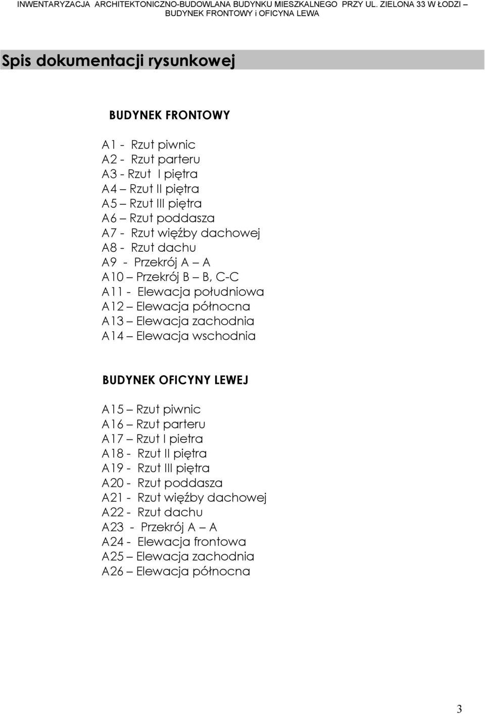 Elewacja zachodnia A14 Elewacja wschodnia BUDYNEK OFICYNY LEWEJ A15 Rzut piwnic A16 Rzut parteru A17 Rzut I pietra A18 - Rzut II piętra A19 - Rzut