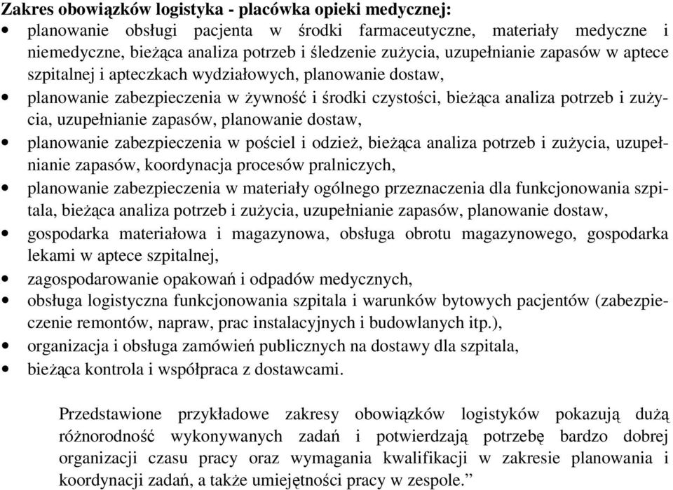 planowanie dostaw, planowanie zabezpieczenia w pościel i odzież, bieżąca analiza potrzeb i zużycia, uzupełnianie zapasów, koordynacja procesów pralniczych, planowanie zabezpieczenia w materiały