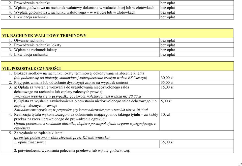 Prowadzenie rachunku lokaty bez opłat 3. Wpłata na rachunek lokaty bez opłat 4. Likwidacja rachunku bez opłat VIII. POZOSTAŁE CZYNNOŚCI 1.