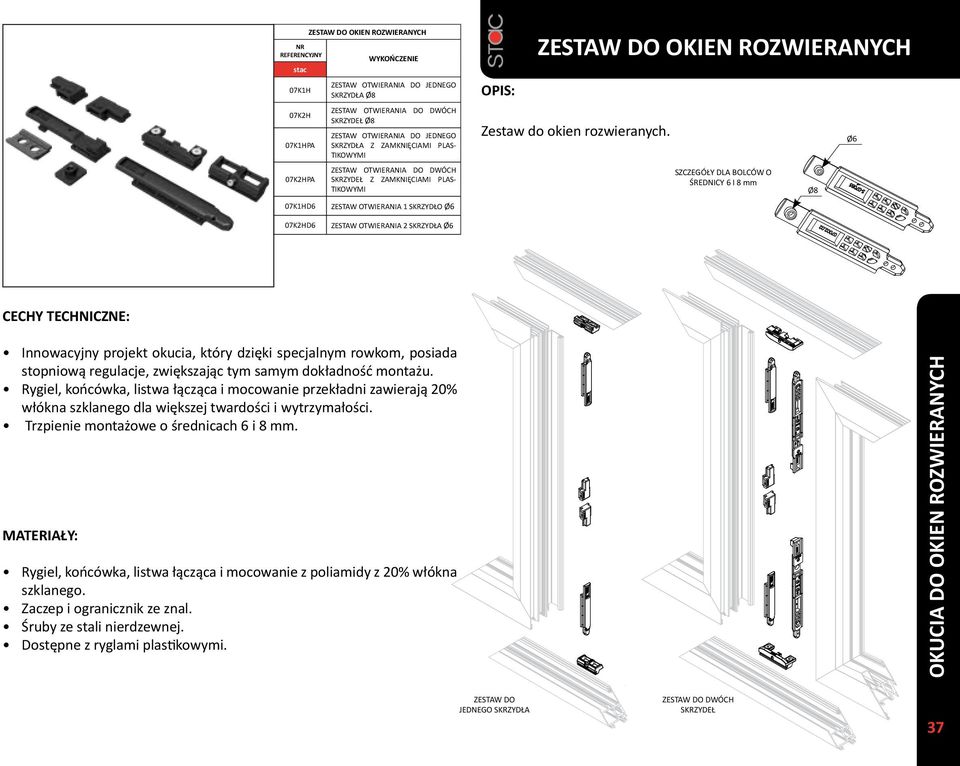 SZCZEGÓŁY DLA BOLCÓW O ŚREDNICY 6 I 8 mm Ø8 Ø6 07K2HD6 ZESTAW OTWIERANIA 2 SKRZYDŁA Ø6 Innowacyjny projekt okucia, który dzięki specjalnym rowkom, posiada stopniową regulacje, zwiększając tym samym