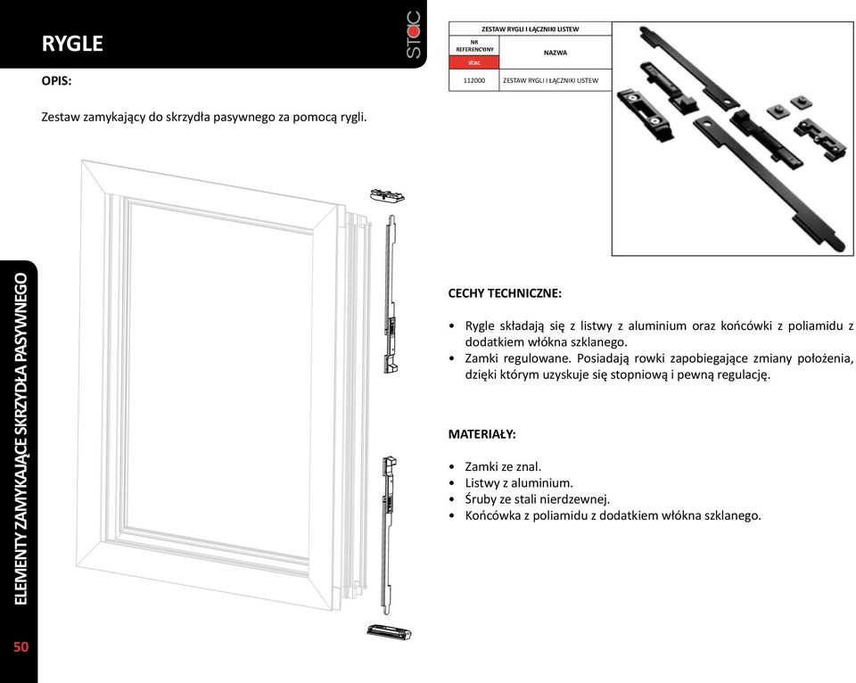 ELEMENTY ZAMYKAJĄCE SKRZYDŁA PASYWNEGO Rygle składają się z listwy z aluminium oraz końcówki z poliamidu z dodatkiem włókna