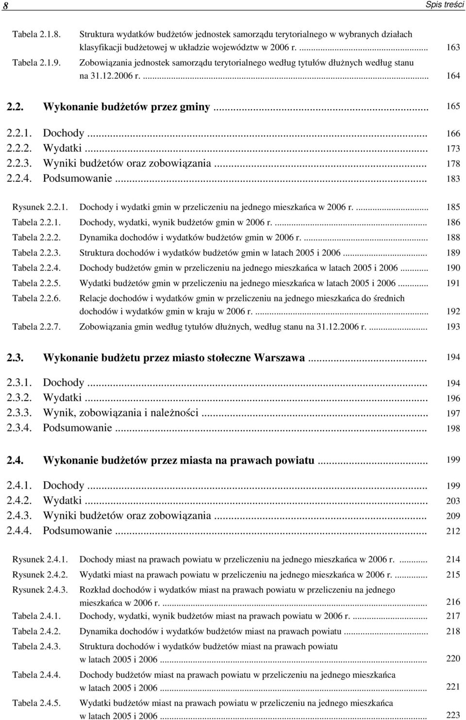 .. 173 2.2.3. Wyniki budżetów oraz zobowiązania... 178 2.2.4. Podsumowanie... 183 Rysunek 2.2.1. Dochody i wydatki gmin w przeliczeniu na jednego mieszkańca w 2006 r.... 185 Tabela 2.2.1. Dochody, wydatki, wynik budżetów gmin w 2006 r.