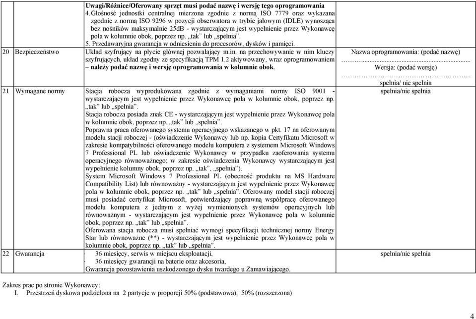 wystarczającym jest wypełnienie przez Wykonawcę pola w kolumnie 5. Przedawaryjna gwarancja w odniesieniu do procesorów, dysków i pamięci.