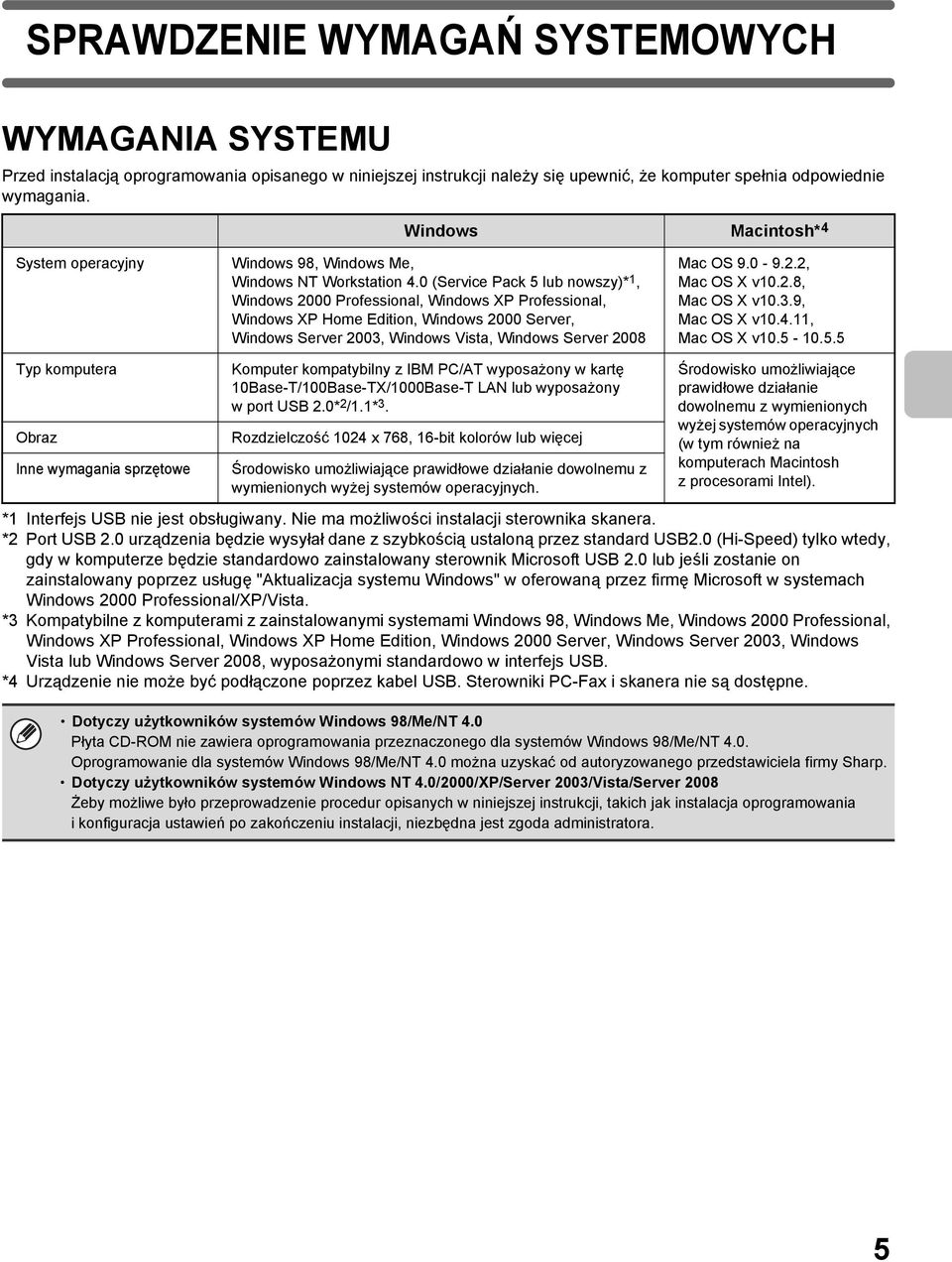 0 (Service Pack 5 lub nowszy)*, Windows 000 Professional, Windows XP Professional, Windows XP Home Edition, Windows 000 Server, Windows Server 00, Windows Vista, Windows Server 008 Mac OS 9.0-9.