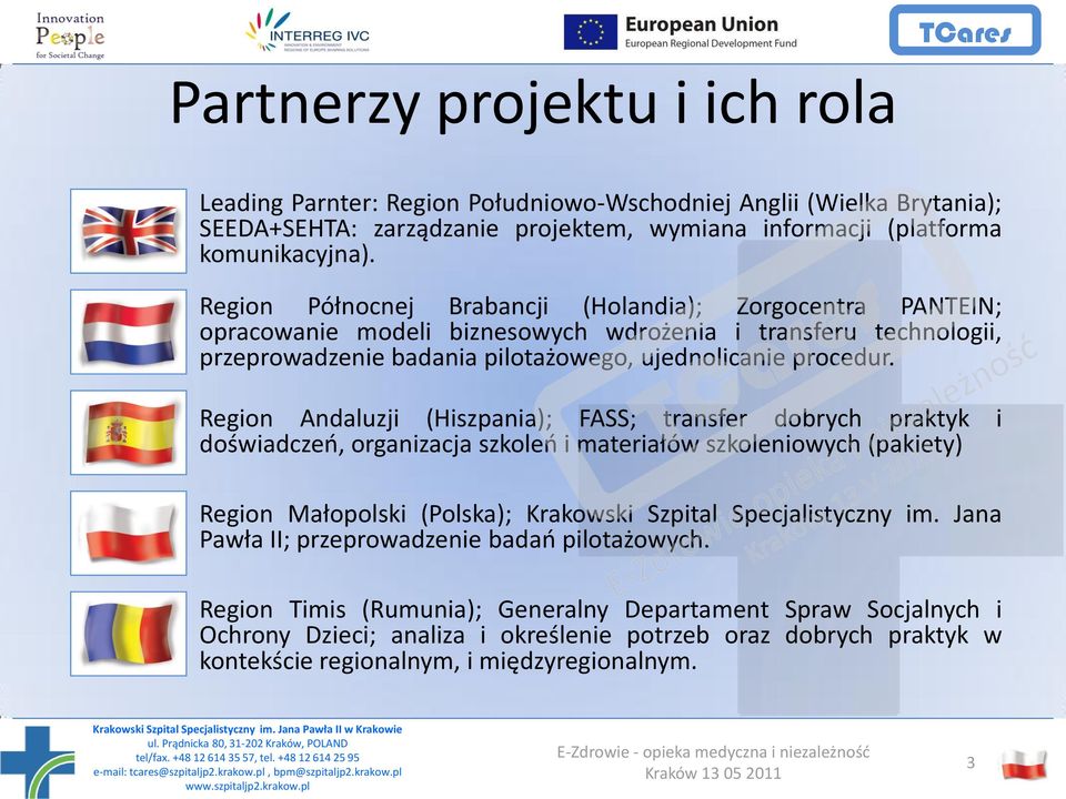 Region Andaluzji (Hiszpania); FASS; transfer dobrych praktyk i doświadczeo, organizacja szkoleo i materiałów szkoleniowych (pakiety) Region Małopolski (Polska); Krakowski Szpital Specjalistyczny im.