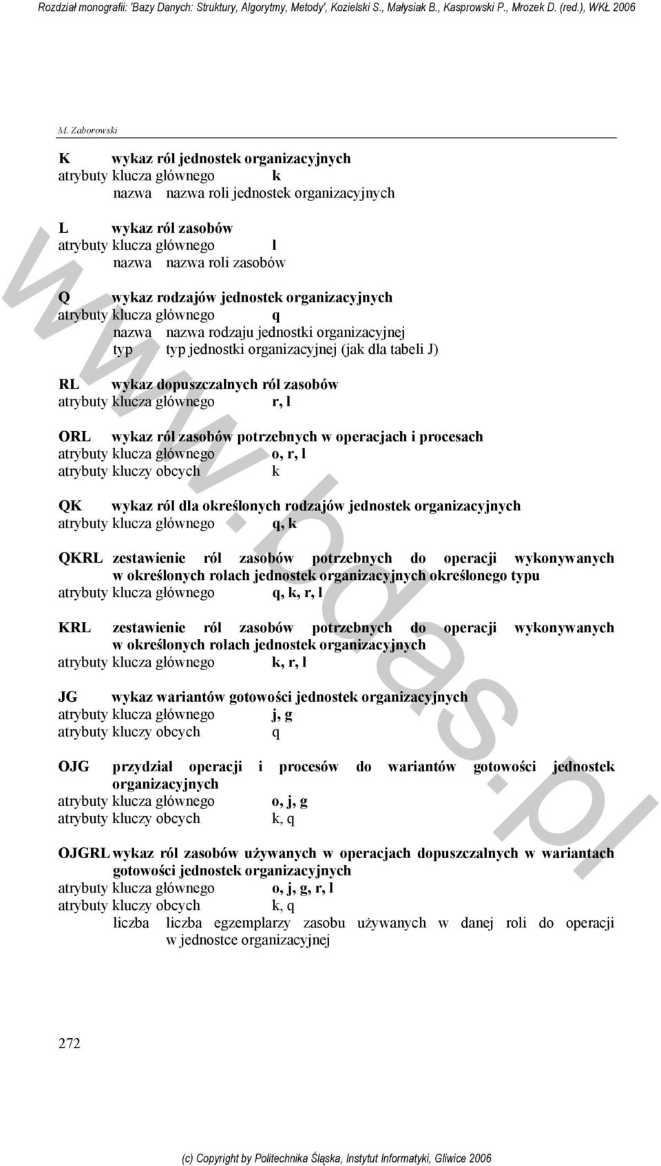 zasobów atrybuty klucza głównego r, l ORL wykaz ról zasobów potrzebnych w operacjach i procesach atrybuty klucza głównego o, r, l atrybuty kluczy obcych k QK wykaz ról dla określonych rodzajów