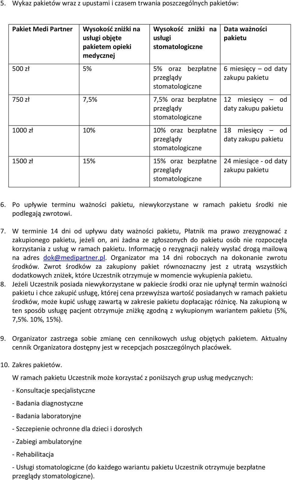 miesięcy od daty zakupu pakietu 24 miesiące - od daty zakupu pakietu 6. Po upływie terminu ważności pakietu, niewykorzystane w ramach pakietu środki nie podlegają zwrotowi. 7.