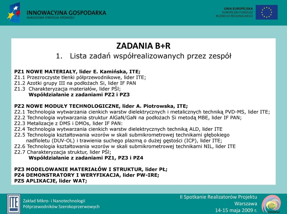 1 Technologia wytwarzania cienkich warstw dielektrycznych i metalicznych techniką PVD-MS, lider ITE; Z2.2 Technologia wytwarzania struktur AlGaN/GaN na podłożach Si metodą MBE, lider IF PAN; Z2.