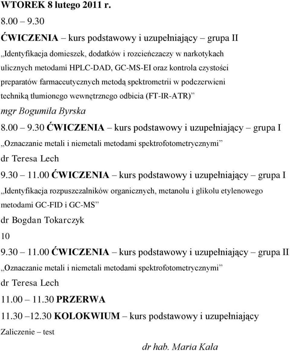 farmaceutycznych metodą spektrometrii w podczerwieni techniką tłumionego wewnętrznego odbicia (FT-IR-ATR) mgr Bogumiła Byrska 8.00 9.