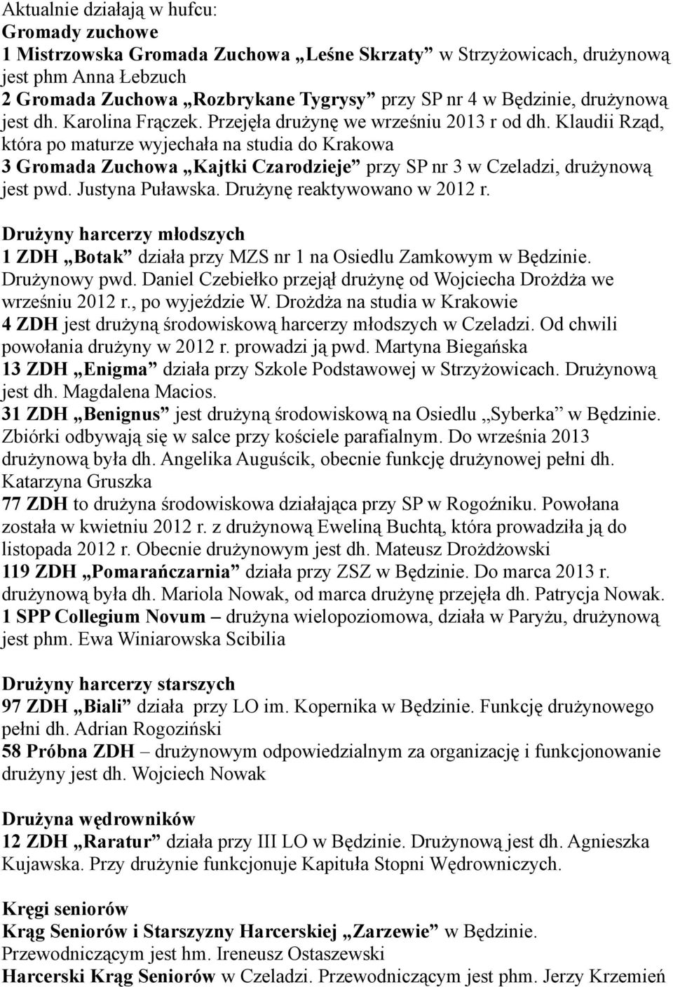 Klaudii Rząd, która po maturze wyjechała na studia do Krakowa 3 Gromada Zuchowa Kajtki Czarodzieje przy SP nr 3 w Czeladzi, drużynową jest pwd. Justyna Puławska. Drużynę reaktywowano w 2012 r.