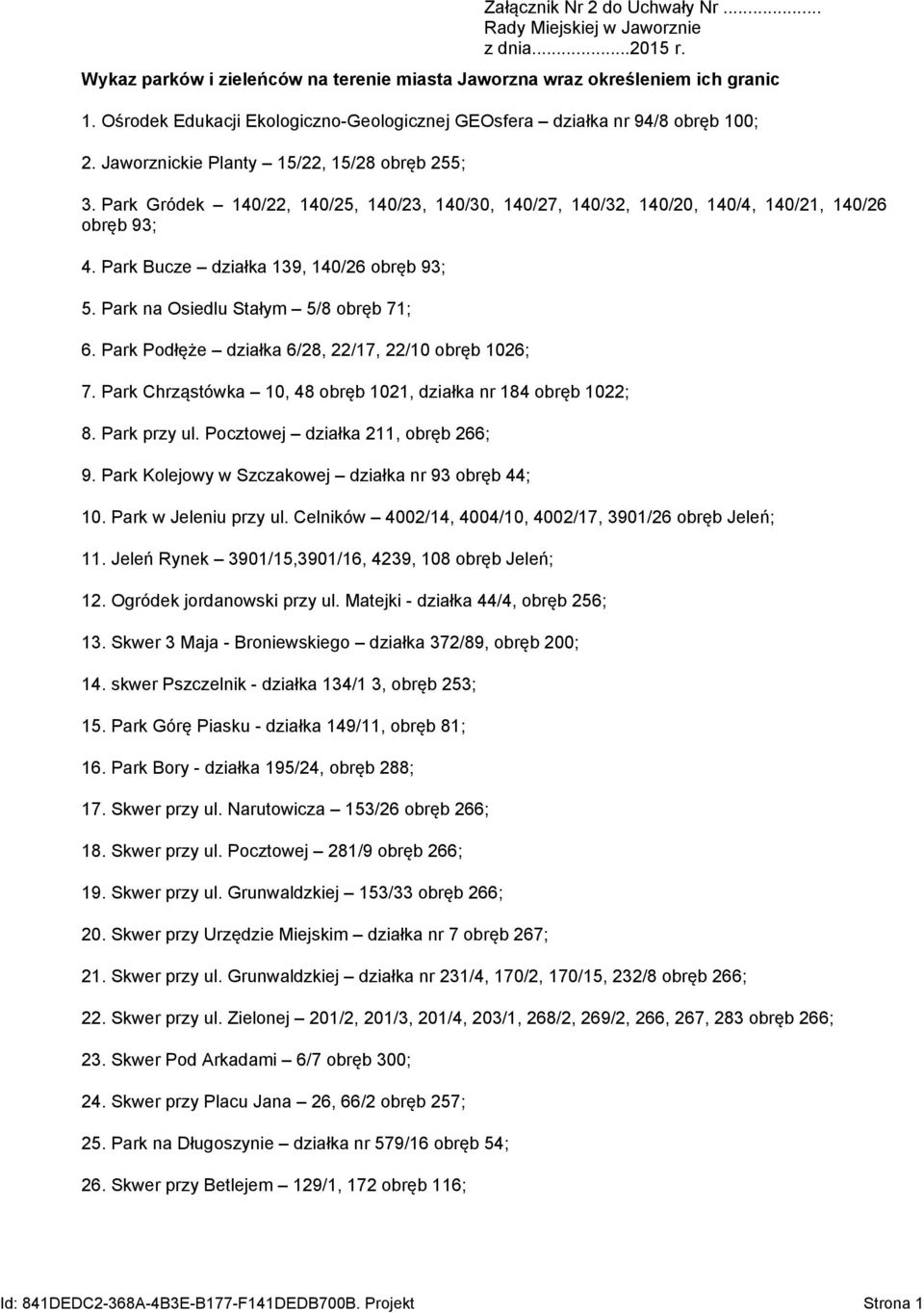 Park Gródek 140/22, 140/25, 140/23, 140/30, 140/27, 140/32, 140/20, 140/4, 140/21, 140/26 obręb 93; 4. Park Bucze działka 139, 140/26 obręb 93; 5. Park na Osiedlu Stałym 5/8 obręb 71; 6.