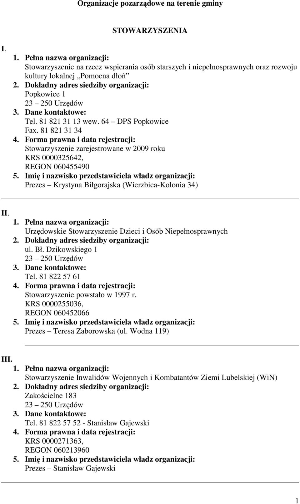 81 821 31 34 Stowarzyszenie zarejestrowane w 2009 roku KRS 0000325642, REGON 060455490 Prezes Krystyna Biłgorajska (Wierzbica-Kolonia 34) II.