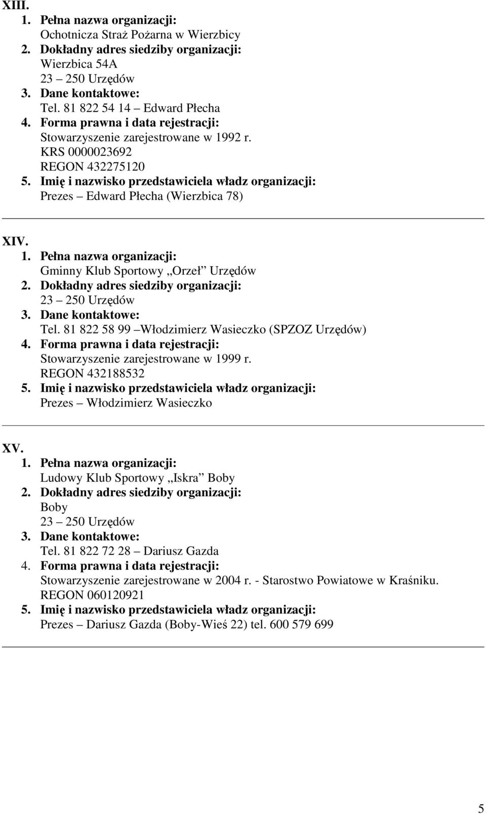 81 822 58 99 Włodzimierz Wasieczko (SPZOZ Urzędów) Stowarzyszenie zarejestrowane w 1999 r. REGON 432188532 Prezes Włodzimierz Wasieczko XV.