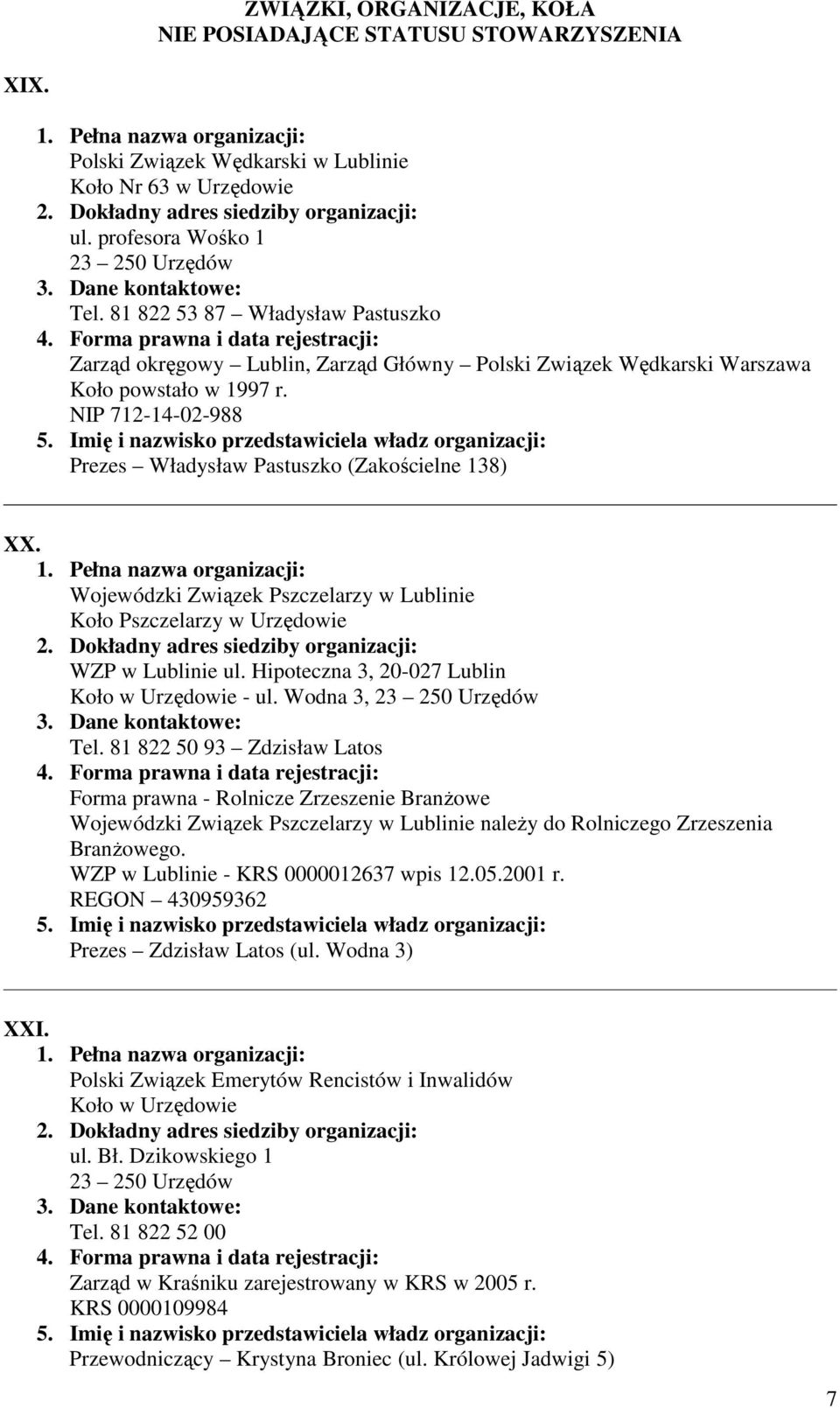 Wojewódzki Związek Pszczelarzy w Lublinie Koło Pszczelarzy w Urzędowie WZP w Lublinie ul. Hipoteczna 3, 20-027 Lublin Koło w Urzędowie - ul. Wodna 3, Tel.