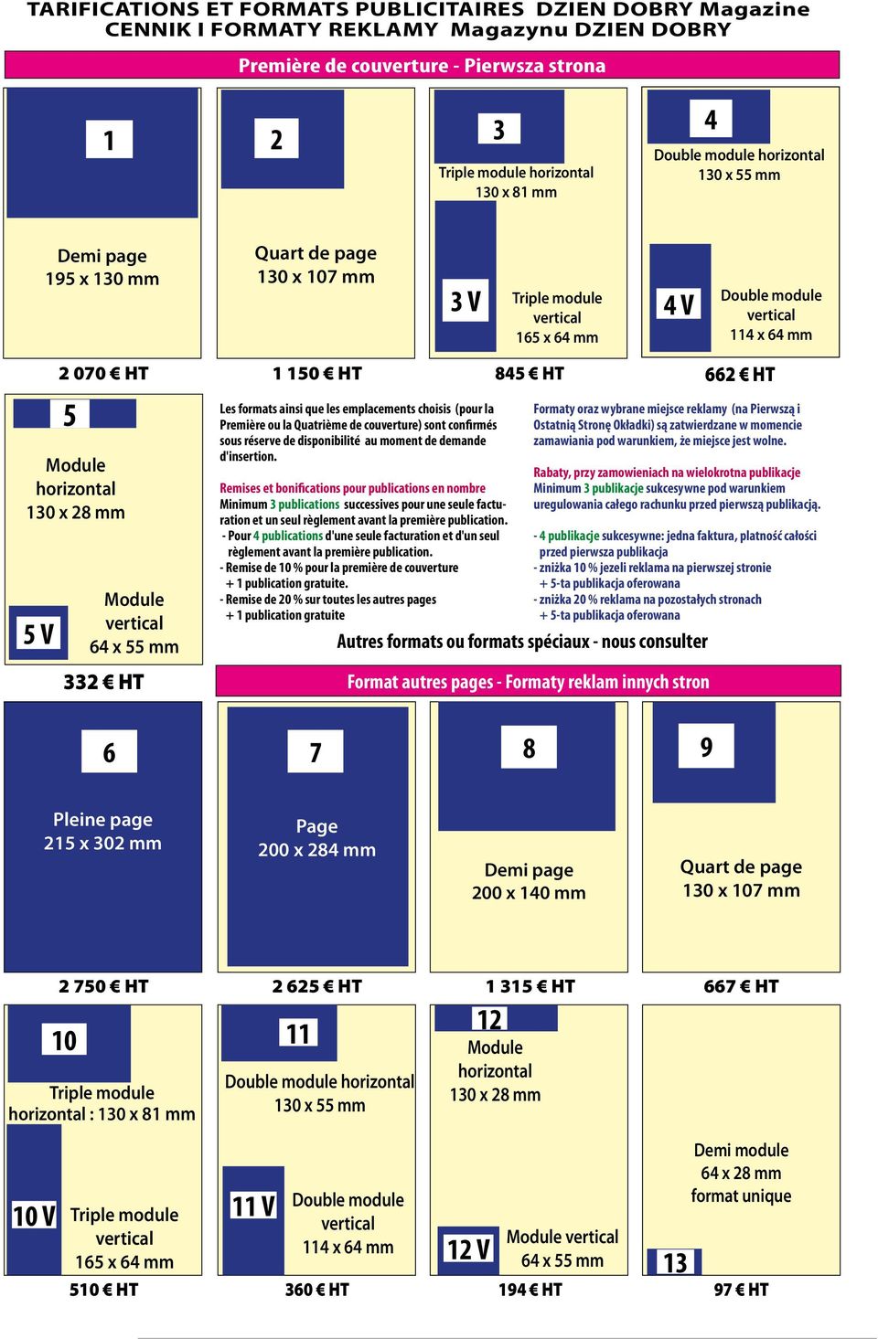 Module vertical 64 x 55 mm 332 HT 6 1 150 HT Les formats ainsi que les emplacements choisis (pour la Première ou la Quatrième de couverture) sont confirmés sous réserve de disponibilité au moment de