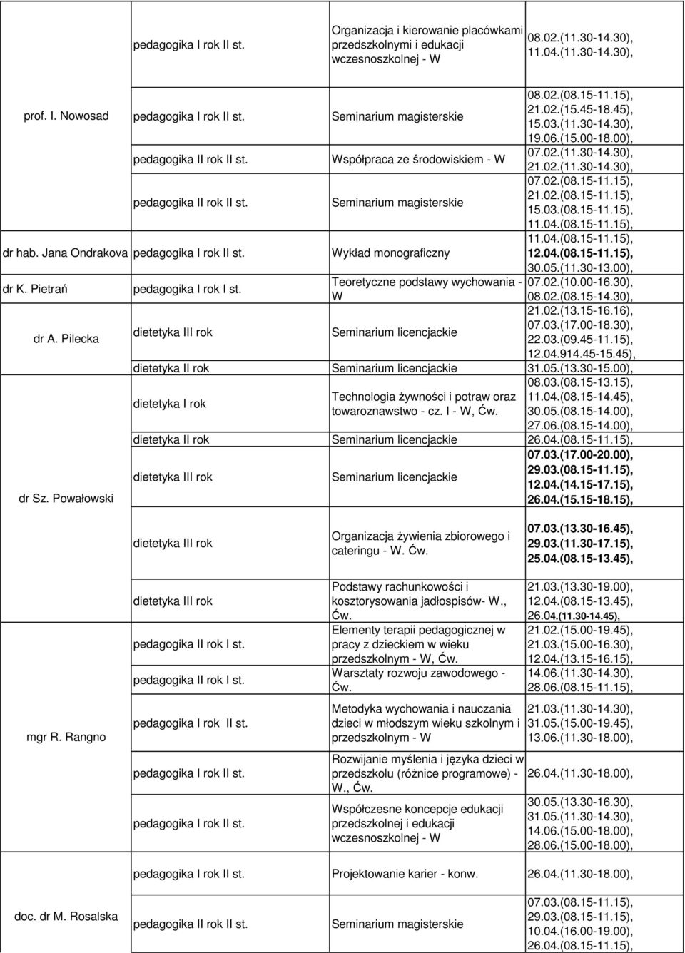 05.(11.30-13.00), Teoretyczne podstawy wychowania - 07.02.(10.00-16.30), W 08.02.(08.15-14.30), 21.02.(13.15-16.16), 07.03.(17.00-18.30), 22.03.(09.45-11.15), 12.04.914.45-15.45), 31.05.(13.30-15.