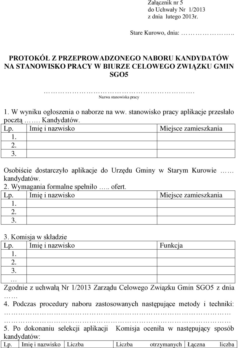 Osobiście dostarczyło aplikacje do Urzędu Gminy w Starym Kurowie kandydatów. 2. Wymagania formalne spełniło.. ofert. Lp. Imię i nazwisko Miejsce zamieszkania 1. 2. 3. 3. Komisja w składzie Lp.