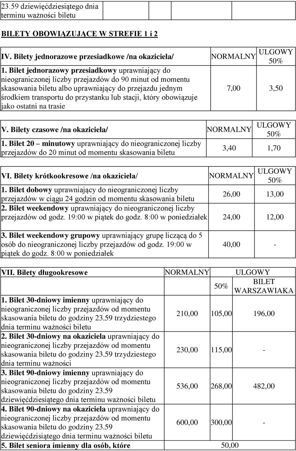 stacji, który obowiązuje jako ostatni na trasie NORMALNY ULGOWY 7,00 3,50 V. Bilety czasowe /na okaziciela/ NORMALNY ULGOWY 1.