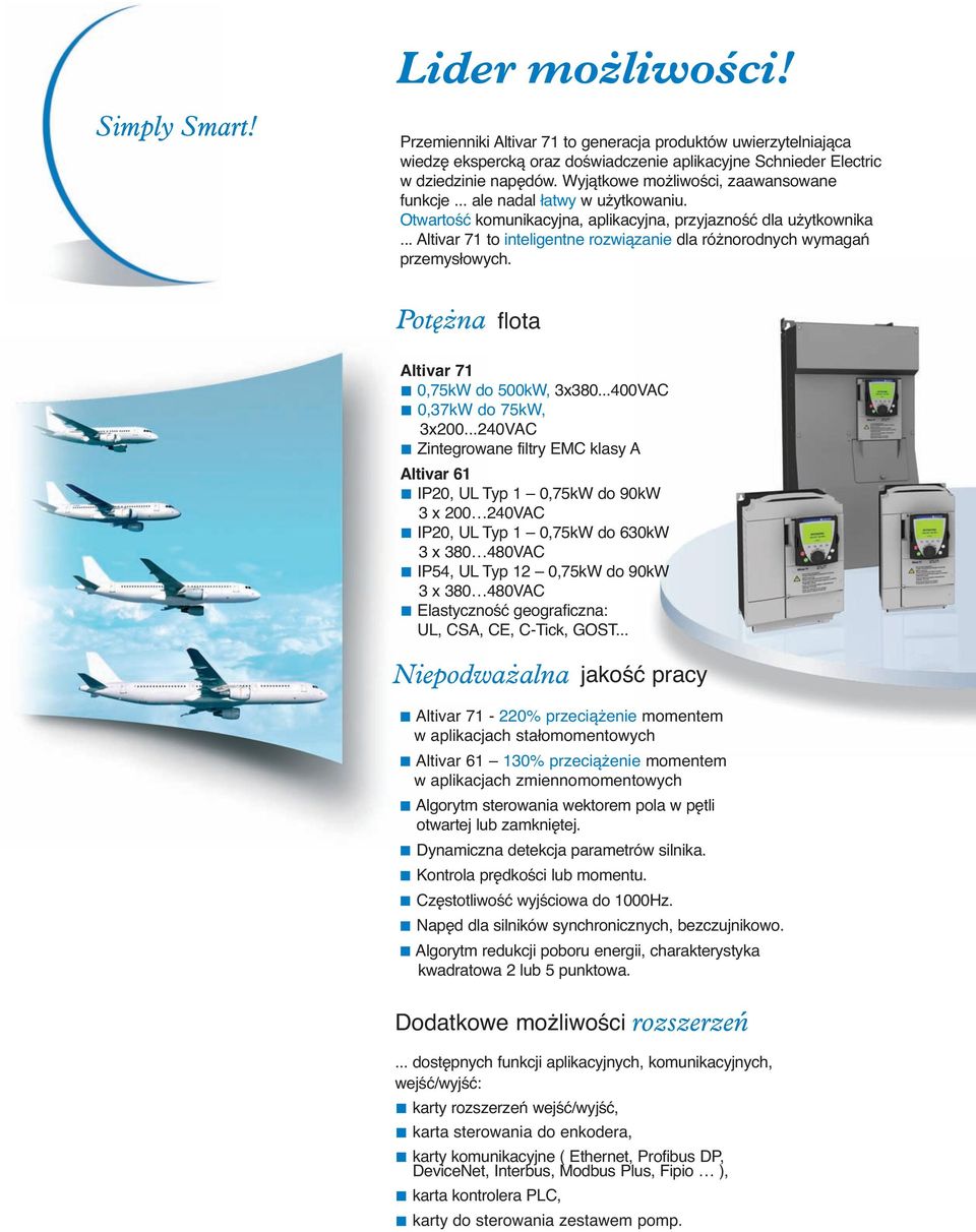 .. Altivar 71 to inteligentne rozwiązanie dla różnorodnych wymagań przemysłowych. flota Altivar 71 0,75kW do 500kW, 3x380...400VAC 0,37kW do 75kW, 3x200.