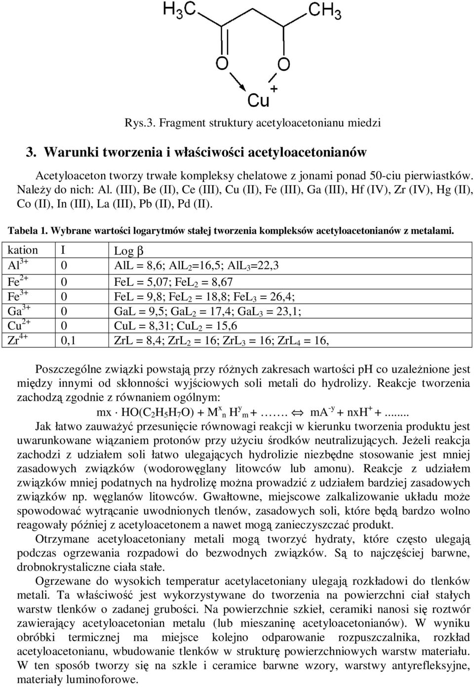 Wybrane wartości logarytmów stałej tworzenia kompleksów acetyloacetonianów z metalami.