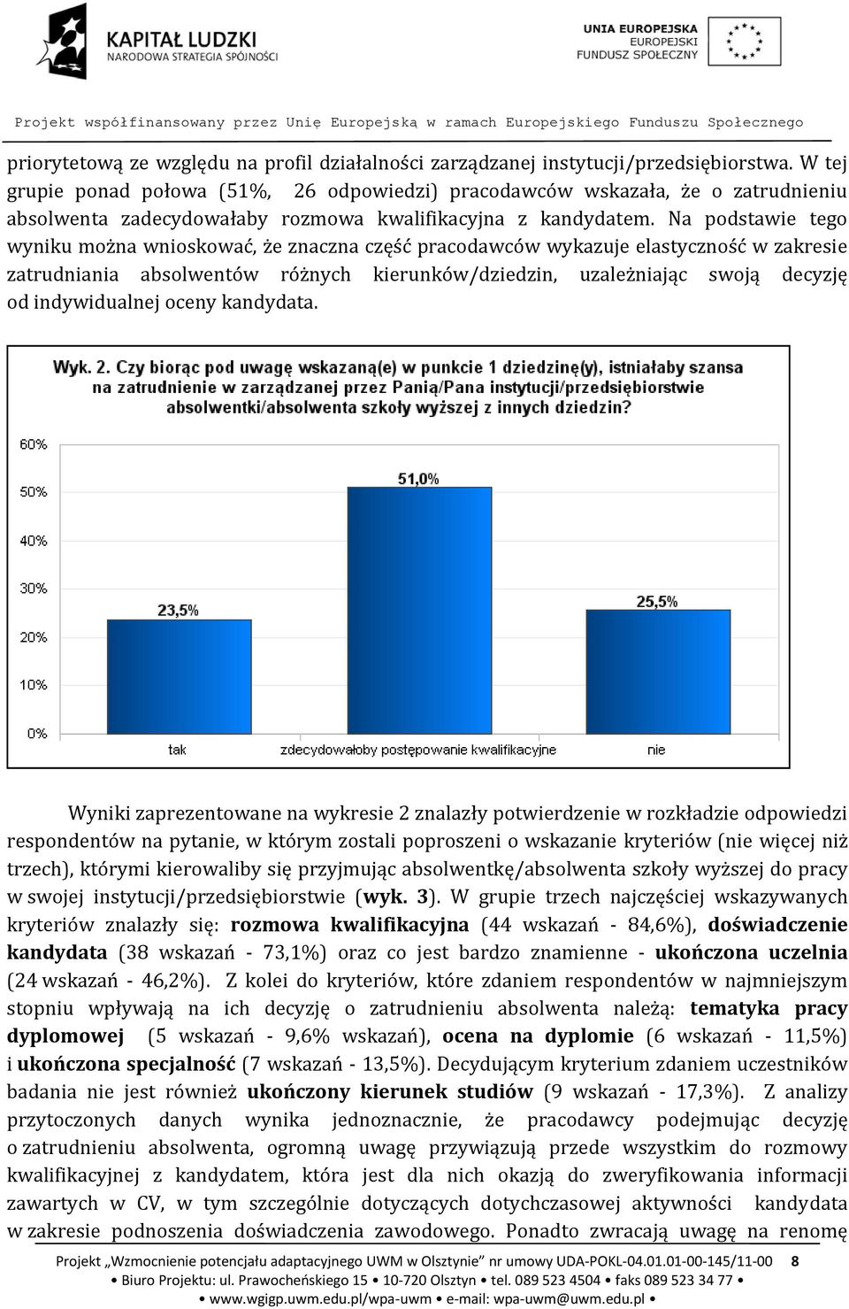 Na podstawie tego wyniku można wnioskować, że znaczna część pracodawców wykazuje elastyczność w zakresie zatrudniania absolwentów różnych kierunków/dziedzin, uzależniając swoją decyzję od