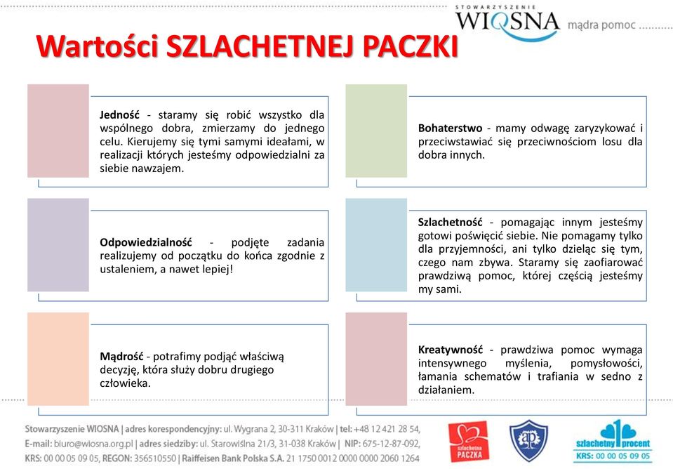 Odpowiedzialność - podjęte zadania realizujemy od początku do końca zgodnie z ustaleniem, a nawet lepiej! Szlachetność - pomagając innym jesteśmy gotowi poświęcić siebie.