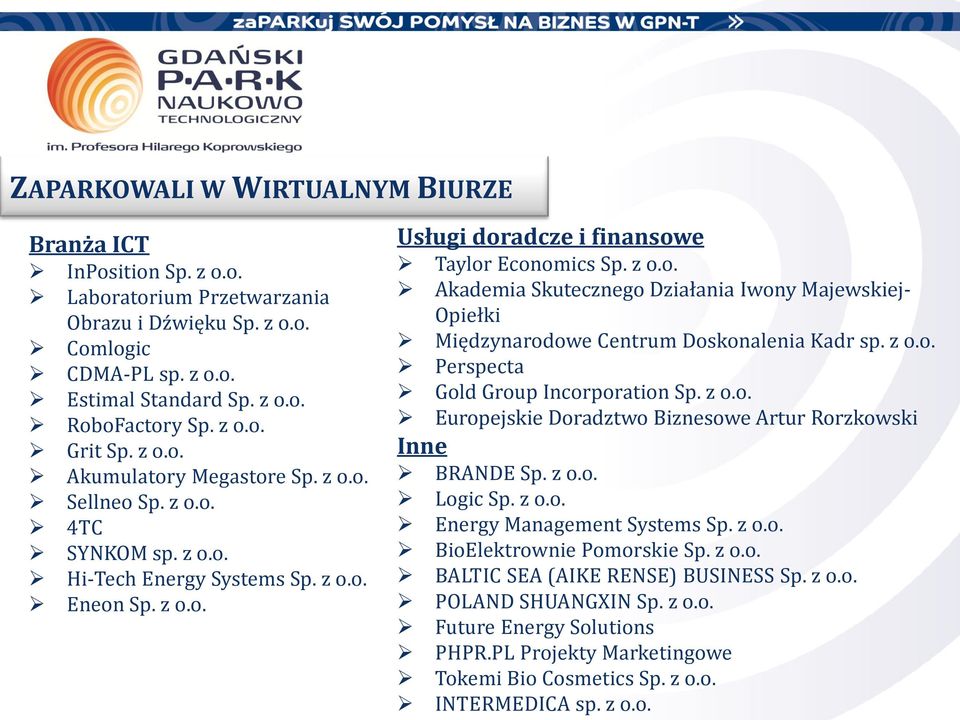 z o.o. Perspecta Gold Group Incorporation Sp. z o.o. Europejskie Doradztwo Biznesowe Artur Rorzkowski Inne BRANDE Sp. z o.o. Logic Sp. z o.o. Energy Management Systems Sp. z o.o. BioElektrownie Pomorskie Sp.