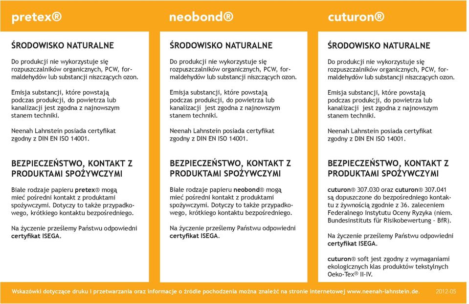 ŚRODOWISKO NATURALNE Do produkcji nie wykorzystuje się rozpuszczalników organicznych, PCW, formaldehydów lub substancji niszczących ozon.