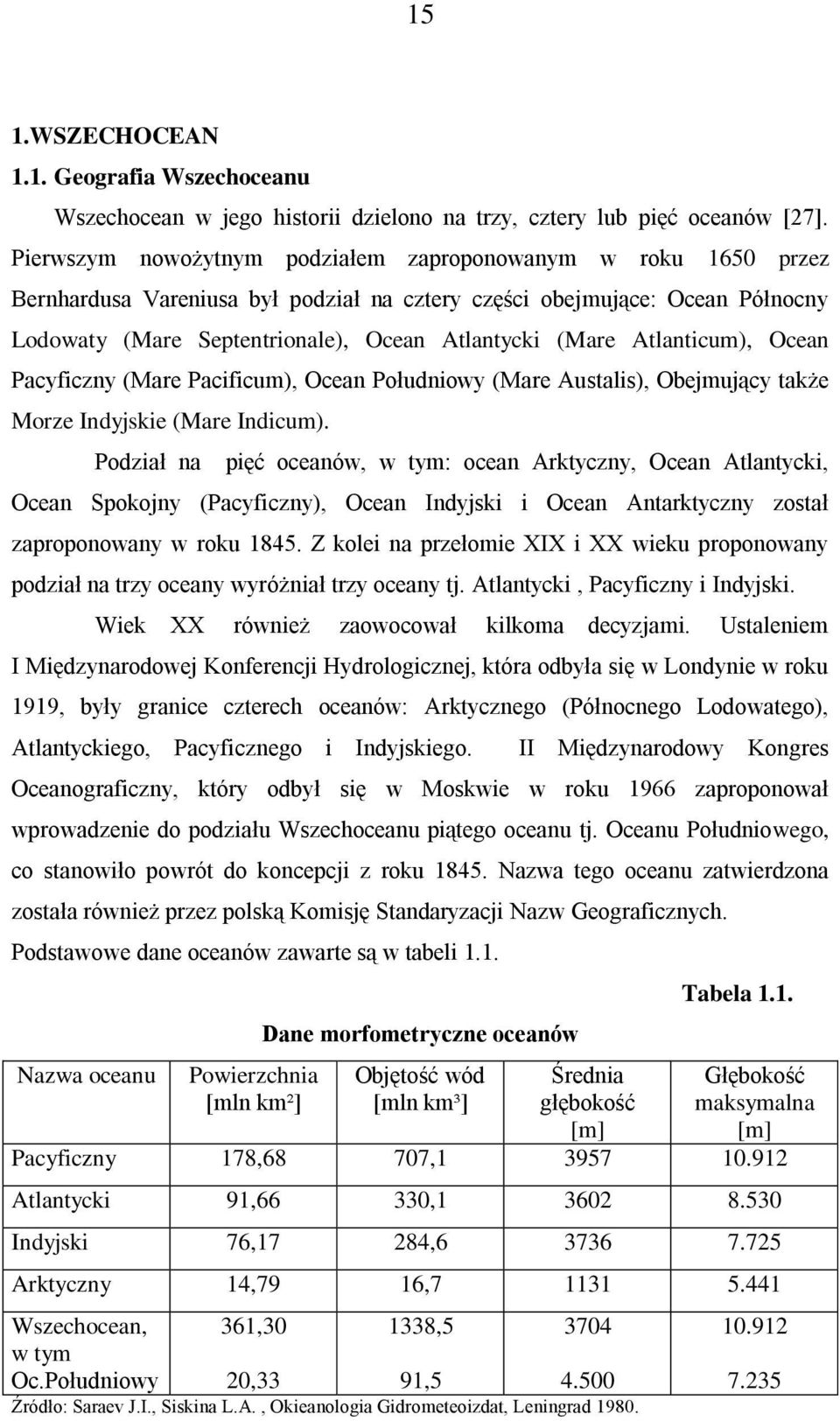 Atlanticum), Ocean Pacyficzny (Mare Pacificum), Ocean Południowy (Mare Austalis), Obejmujący także Morze Indyjskie (Mare Indicum).