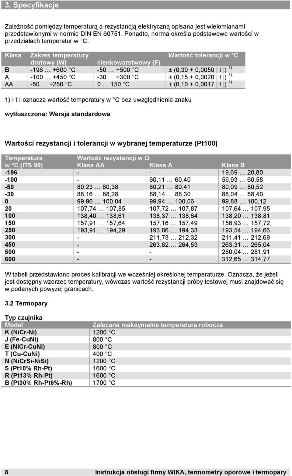 Klasa Zakres temperatury drutowy (W) cienkowarstwowy (F) Wartość tolerancji w C B -196 +600 C -50 +500 C ± (0,30 + 0,0050 t ) 1) A -100 +450 C -30 +300 C ± (0,15 + 0,0020 t ) 1) AA -50 +250 C 0 150 C