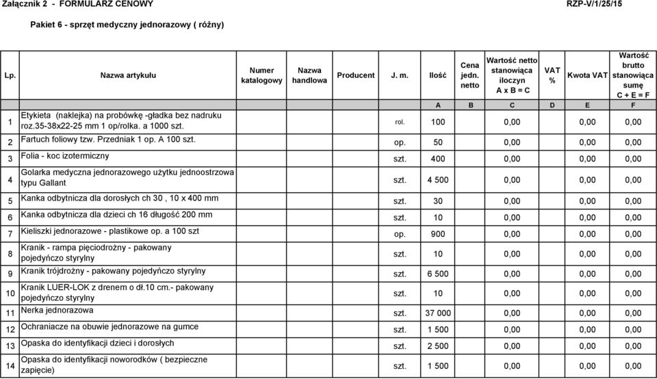 A 100 szt. op. 50 0,00 0,00 0,00 3 Folia - koc izotermiczny szt. 400 0,00 0,00 0,00 4 Golarka medyczna jednorazowego użytku jednoostrzowa typu Gallant szt.