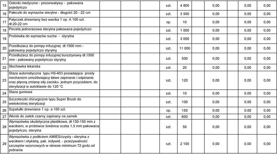 3 000 0,00 0,00 0,00 20 Przedłużacz do pompy infuzyjnej dł.1500 mm - pakowany pojedyńczo styrylny szt. 11 000 0,00 0,00 0,00 Przedłużacz do pompy infuzyjnej bursztynowy dł.