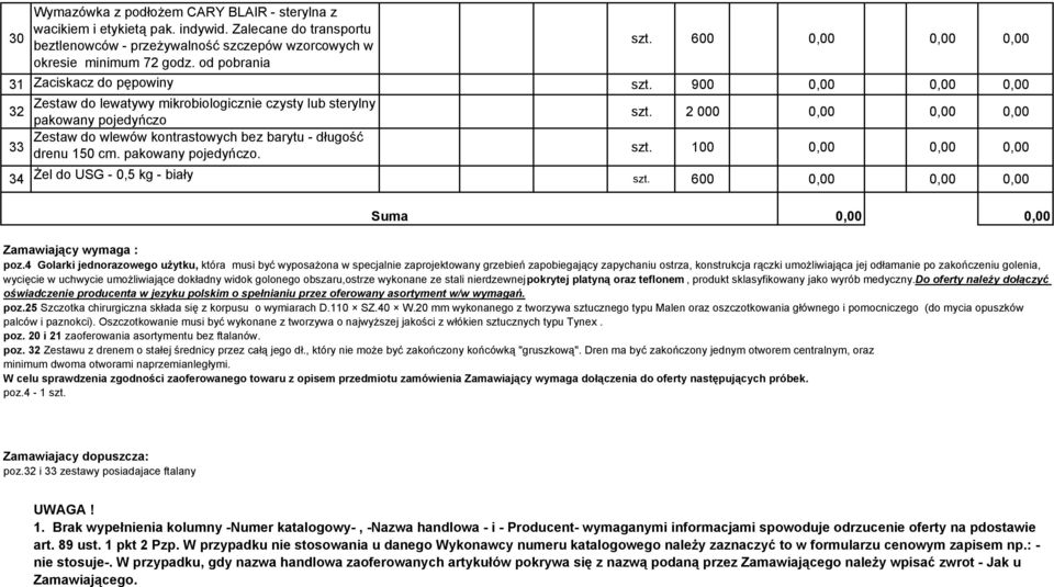 2 000 0,00 0,00 0,00 Zestaw do wlewów kontrastowych bez barytu - długość 33 drenu 150 cm. pakowany pojedyńczo. szt. 100 0,00 0,00 0,00 34 Żel do USG - 0,5 kg - biały szt.