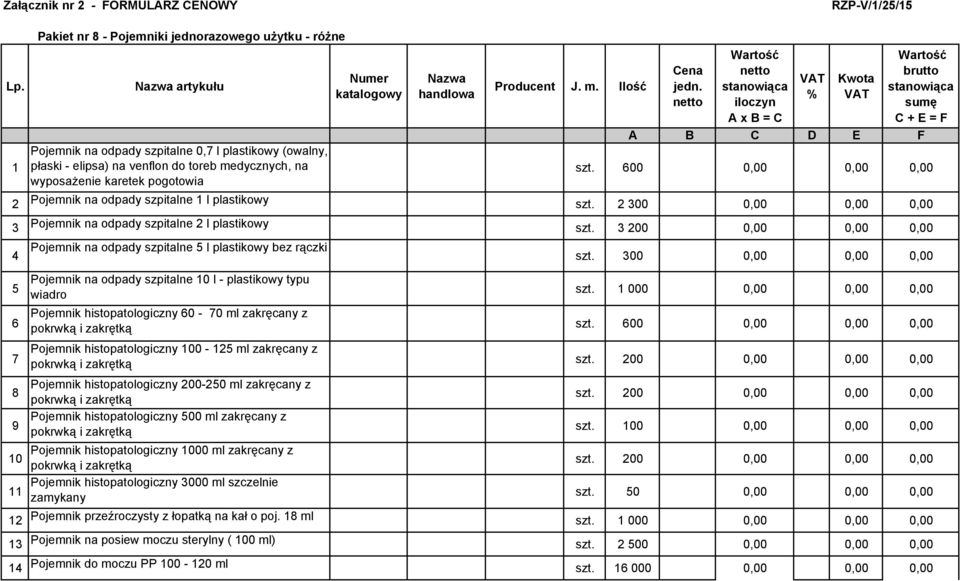 600 0,00 0,00 0,00 wyposażenie karetek pogotowia 2 Pojemnik na odpady szpitalne 1 l plastikowy szt. 2 300 0,00 0,00 0,00 3 Pojemnik na odpady szpitalne 2 l plastikowy szt.