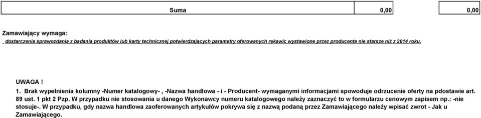 Brak wypełnienia kolumny -Numer katalogowy-, -Nazwa handlowa - i - Producent- wymaganymi informacjami spowoduje odrzucenie oferty na pdostawie art. 89 ust.